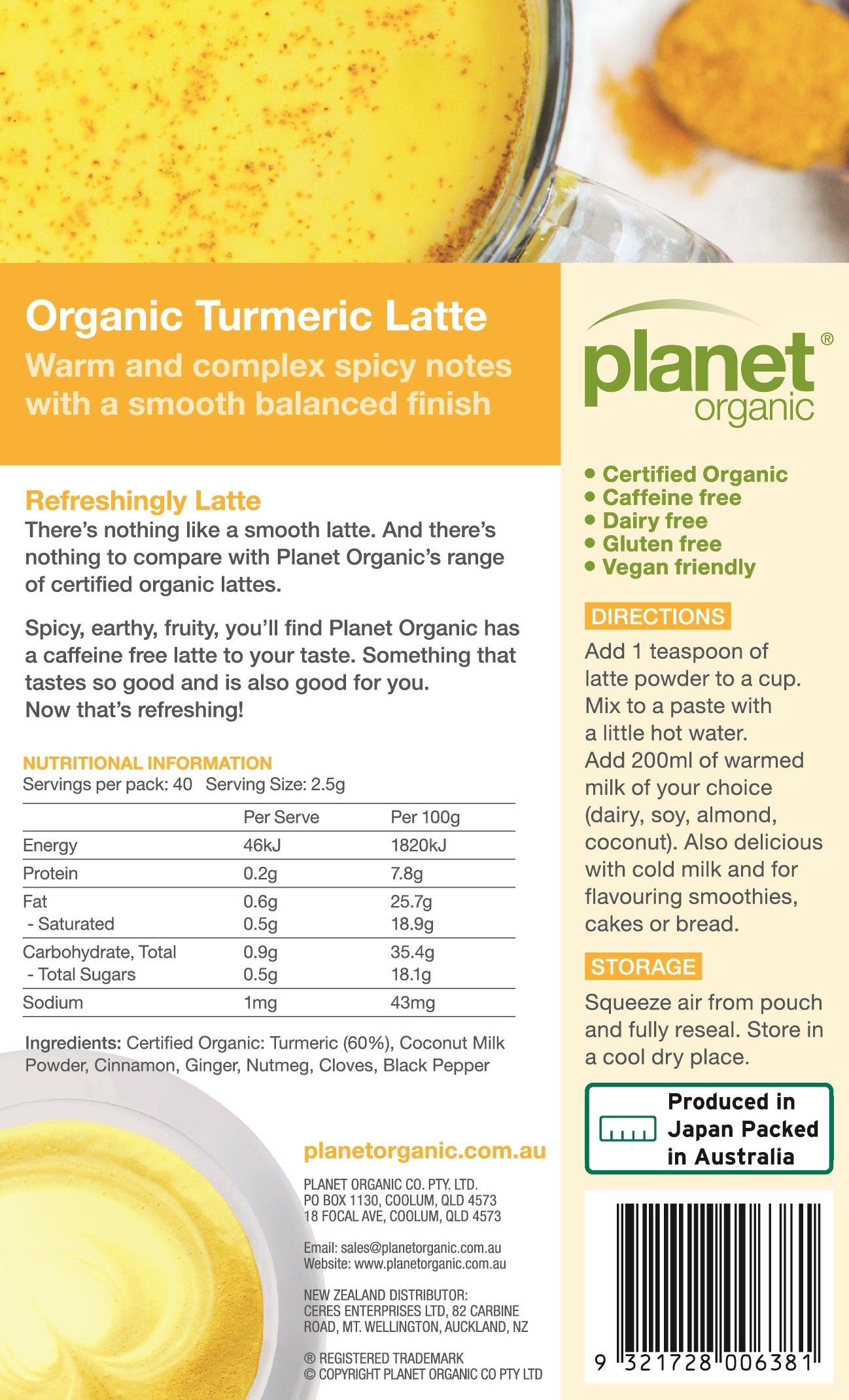 Turmeric Latte Powder 100g - Certified Organic